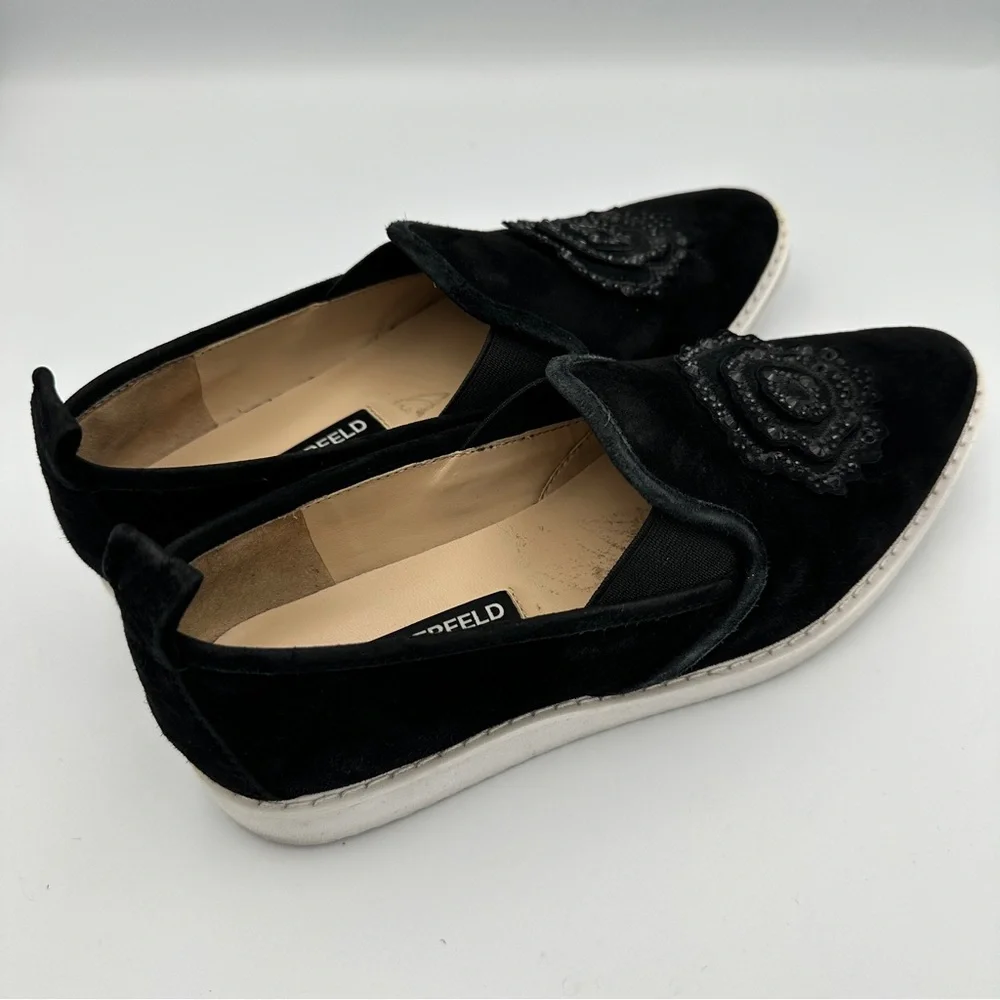 Karl Lagerfeld Velvet Slip-On Sneakers Black Floral Embellished Women’s 7.5‎ M